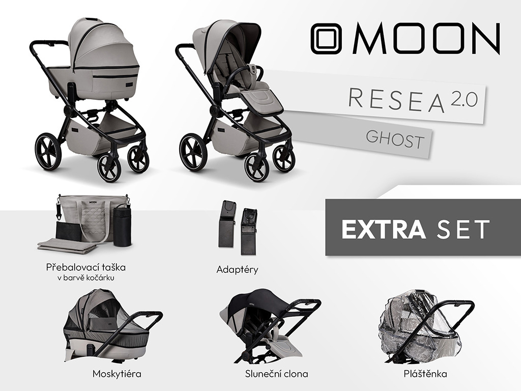 Moon Resea 2.0 EXTRA SET Ghost – ľahký kombinovaný kočík + držiak na nápoj ako DARČEK