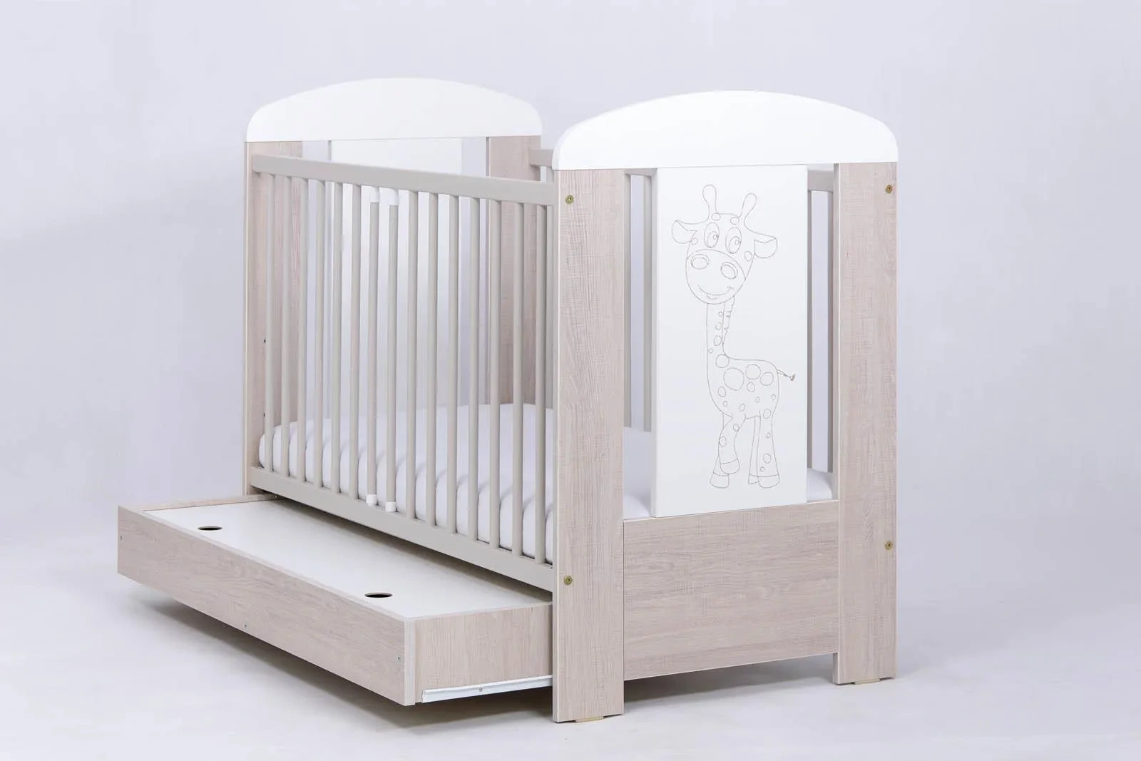 Drewex ŽIRAFA – dub Santana, Drevená postieľka so šuflíkom 120×60cm