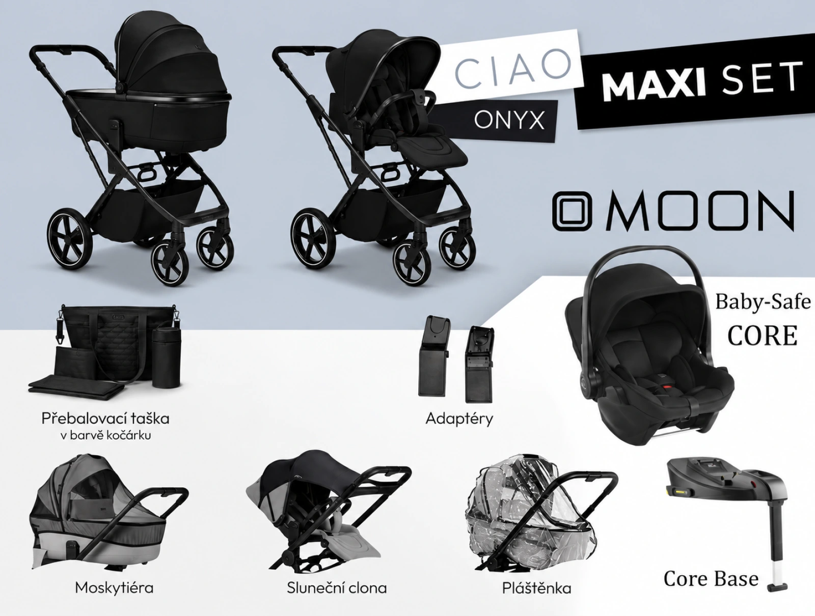 Kočík od narodenia Moon CIAO MAXI set - Onyx + držiak na nápoj ako DARČEK