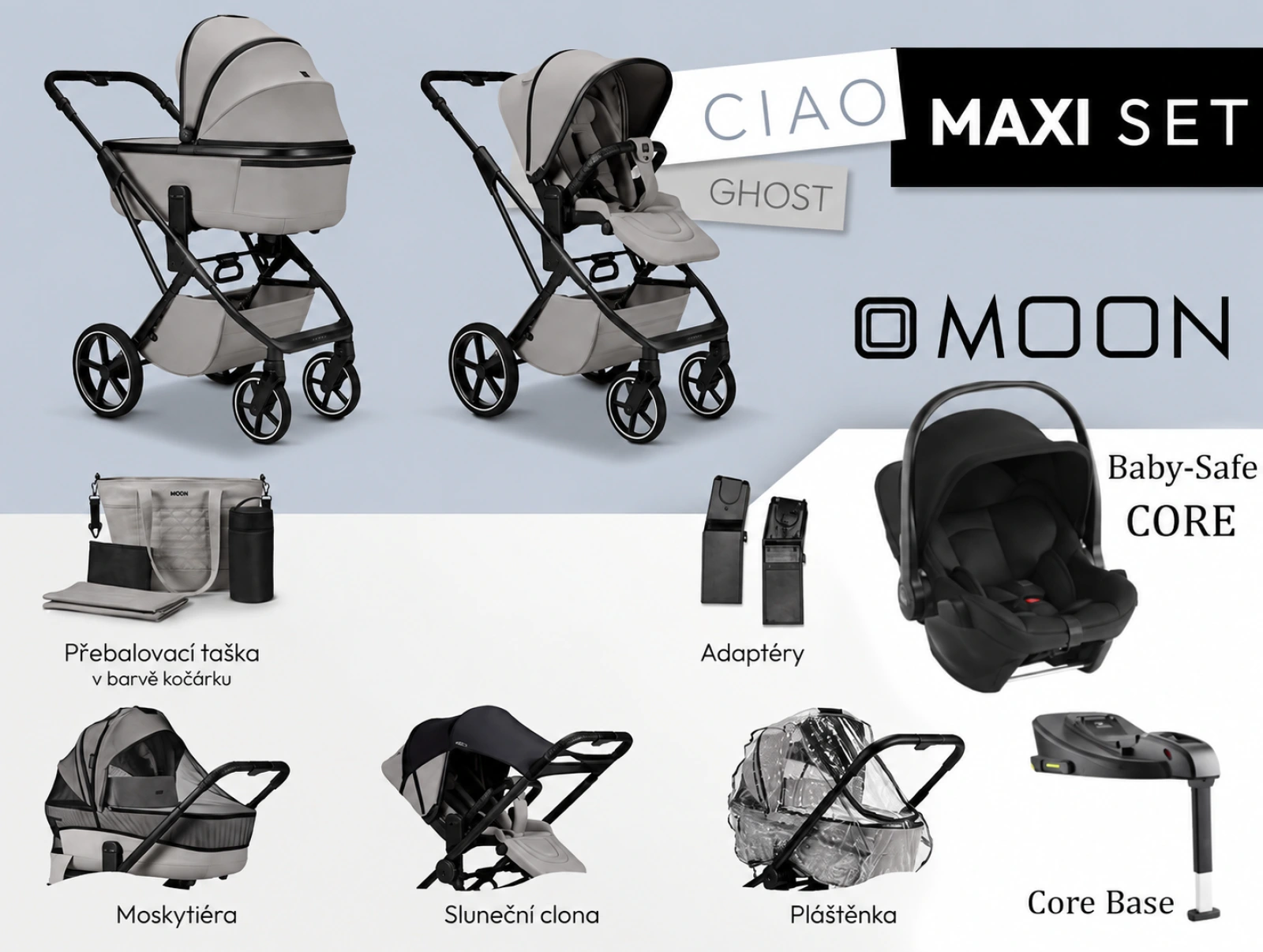 Kočík od narodenia Moon CIAO MAXI set - Ghost + držiak na nápoj ako DARČEK