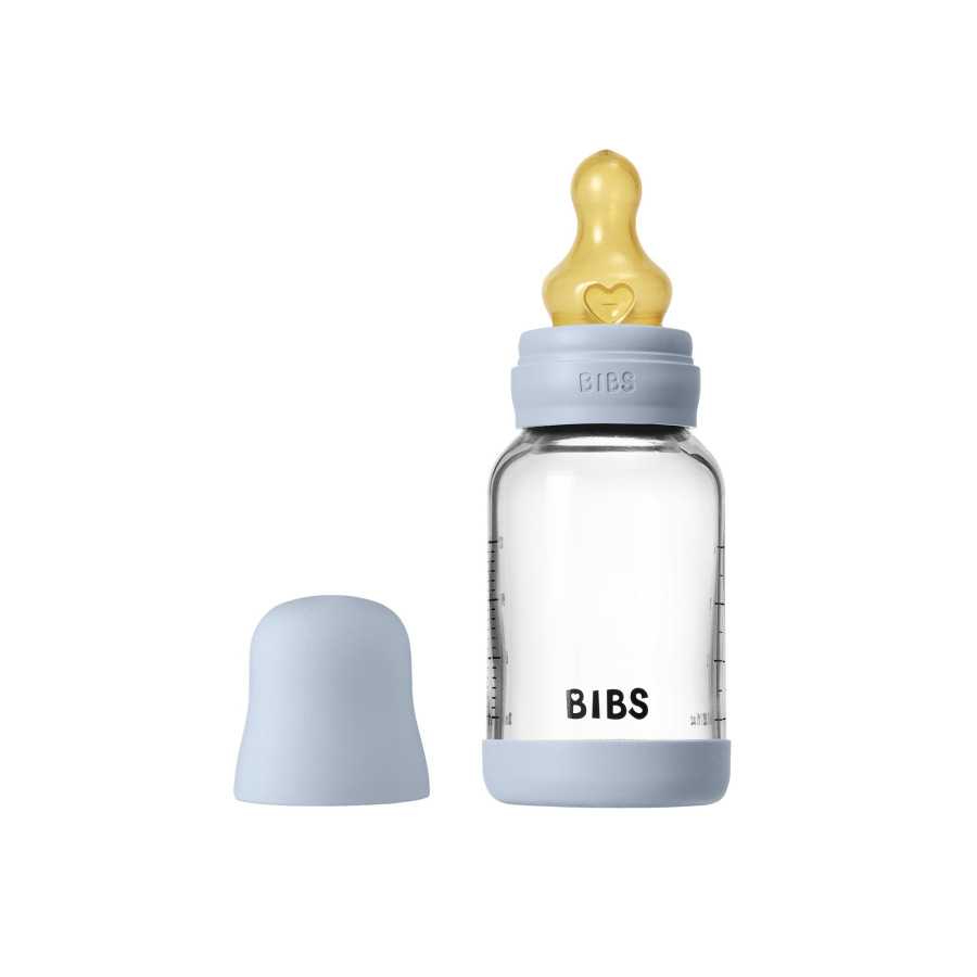 BIBS Antikoliková sklenená fľaša s kaučukovým cumlíkom 120ml, Baby Blue