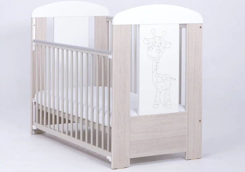 Drewex ŽIRAFA detská postieľka so spúšťacím bokom 120×60 – dub Santana