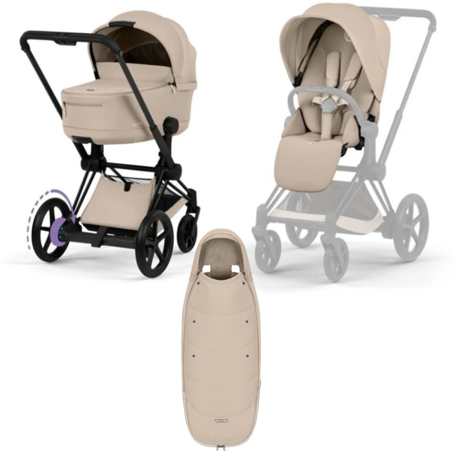 Cybex e-Priam Comfort 2026 rám Matt Black + fusak, Cozy Beige