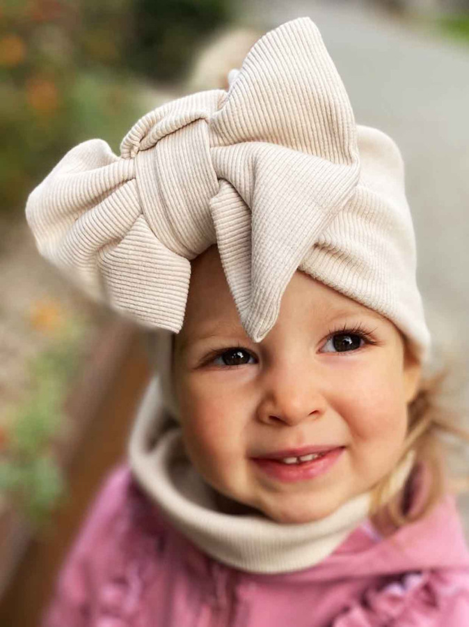 Detská čiapka / Turban s Mašľou, rebrovaná bavlna LATTE