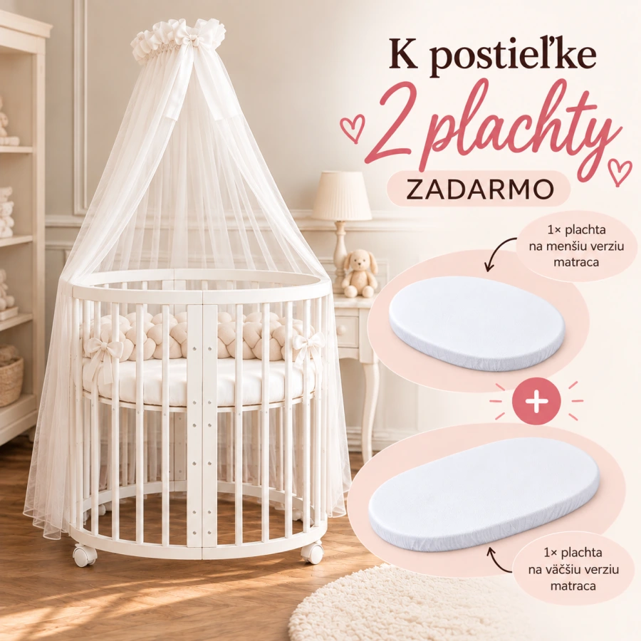 WALDIN okrúhla rastúca postieľka 7v1 s matracom – Biela