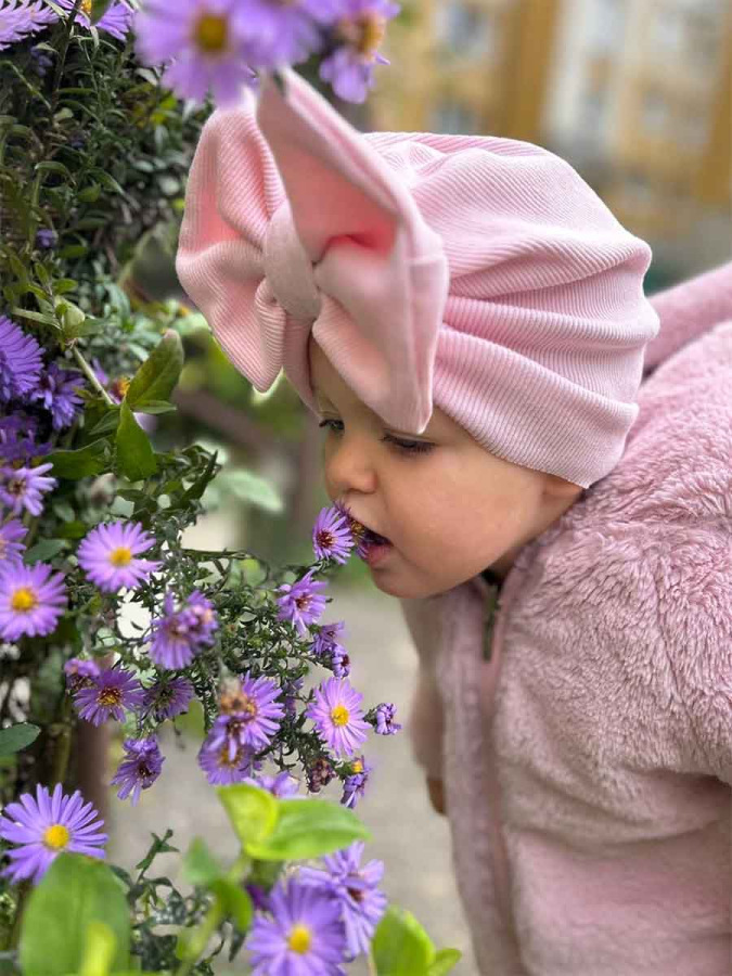 Detská čiapka / Turban s Mašľou, rebrovaná bavlna BABY PINK.