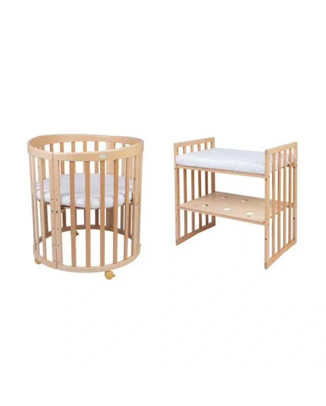 WALDIN okrúhla rastúca postieľka 7v1 s matracom – Natural Wood 9