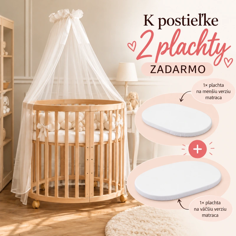 WALDIN okrúhla rastúca postieľka 7v1 s matracom – Natural Wood