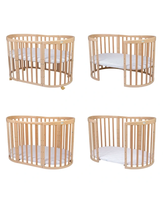 WALDIN okrúhla rastúca postieľka 7v1 s matracom – Natural Wood 1