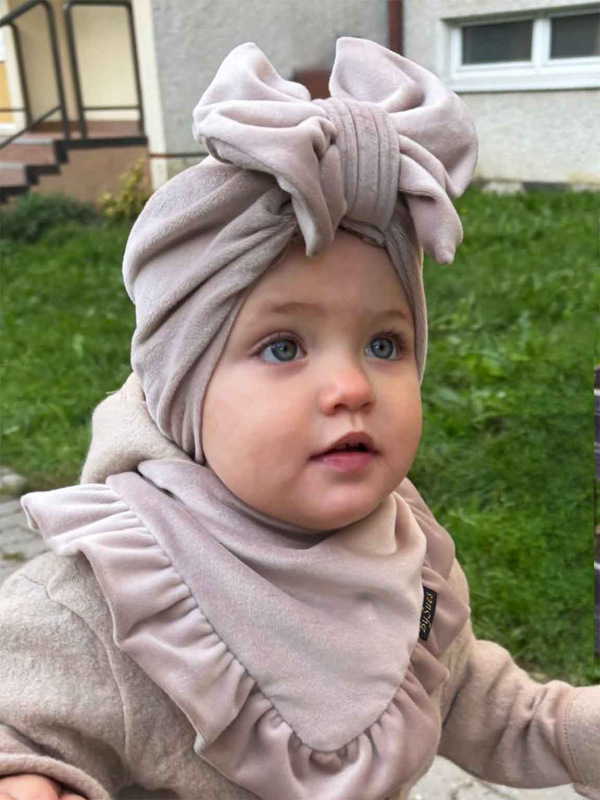 Detská čiapka / Turban s Mašľou, VELVET CAPPUCCINO 9