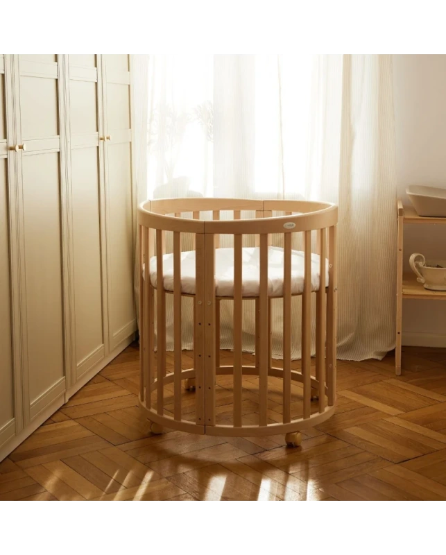 WALDIN okrúhla rastúca postieľka 7v1 s matracom – Natural Wood