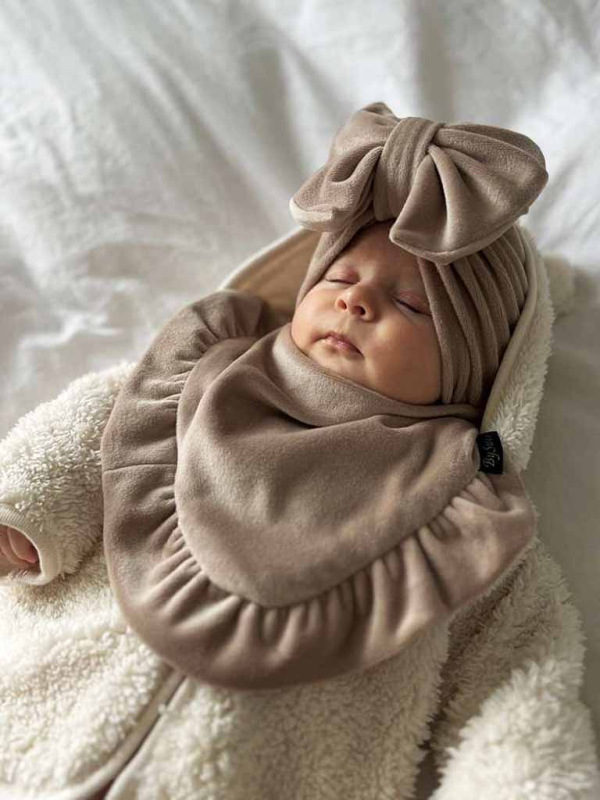 Detská čiapka / Turban s Mašľou, VELVET CAPPUCCINO 14