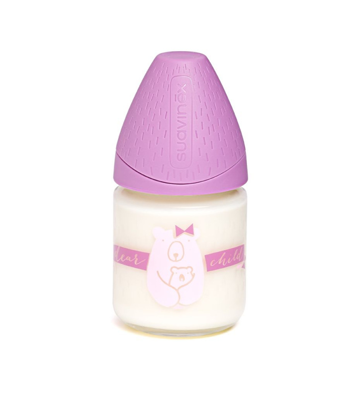 SUAVINEX | MFL FĽAŠA SKLO 120 ml - FIALOVÁ/MACKO 1