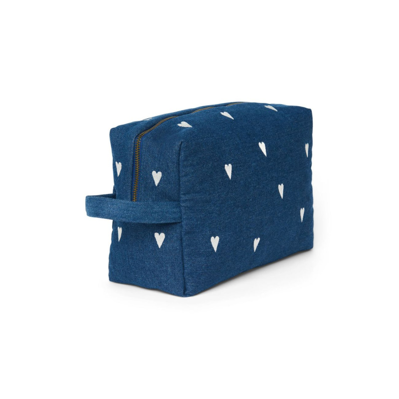 STUDIO NOOS - Denim Toiletry - toaletná taštička | Hearts Dark Blue White Hearts 1
