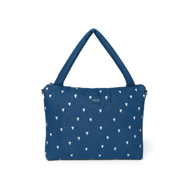 STUDIO NOOS - Denim DIAPER BAG - prebaľovacia taška | Hearts Dark Blue White Hearts