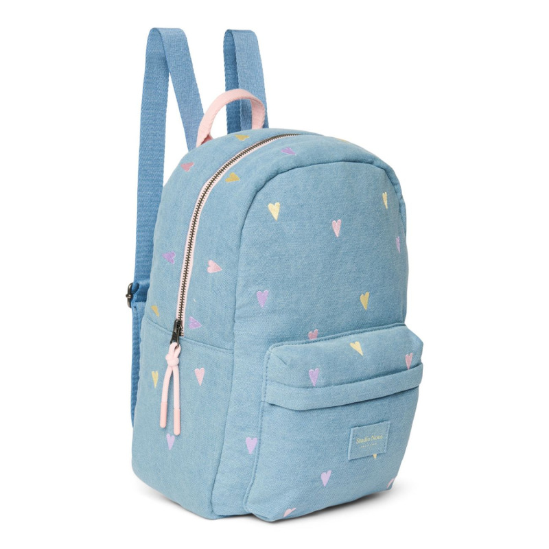 STUDIO NOOS - Denim Midi BACKPACK - batôžtek s predným vreckom | Hearts Light Blue Hearts 1