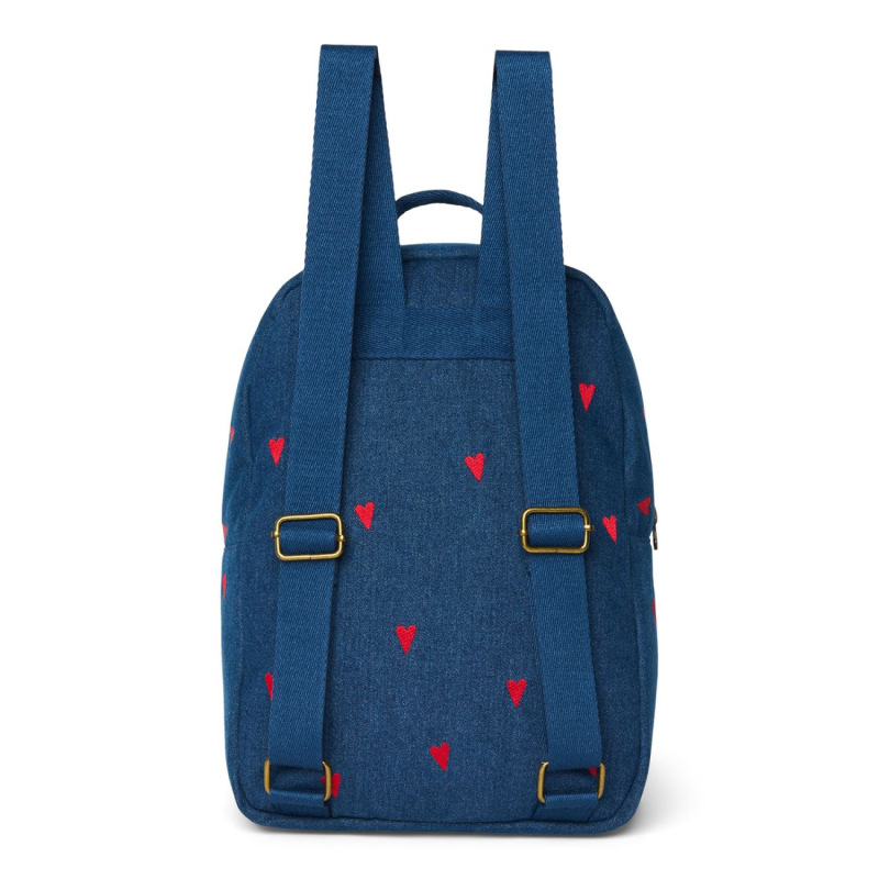 STUDIO NOOS - Denim Midi BACKPACK - batôžtek s predným vreckom | Dark Blue Red Hearts 3