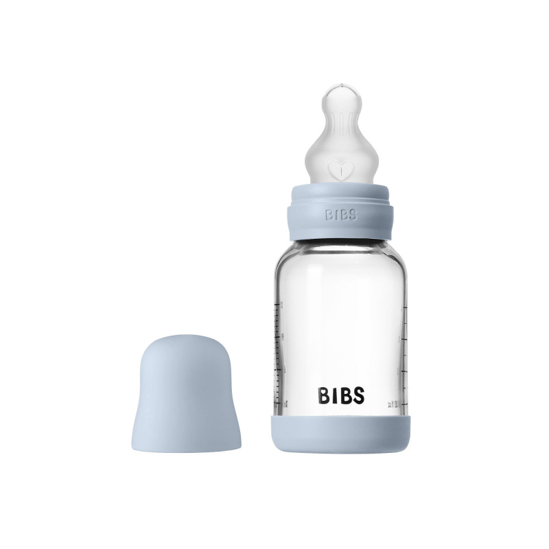 BIBS Antikoliková sklenená fľaša so silikónovým cumlíkom 120ml, Baby Blue