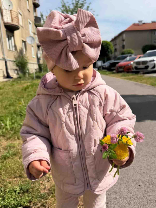 Detský turban s Mašličkou Bavlna rebro - PUDROVÁ. 2