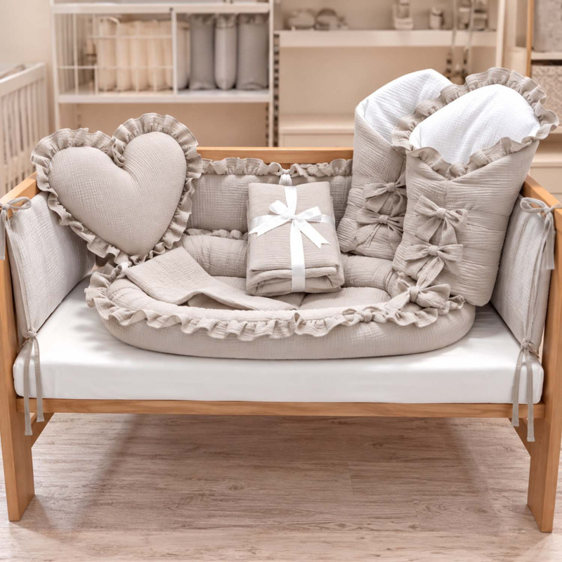 Set do postieľky s volánom, mušelín SILVER BEIGE