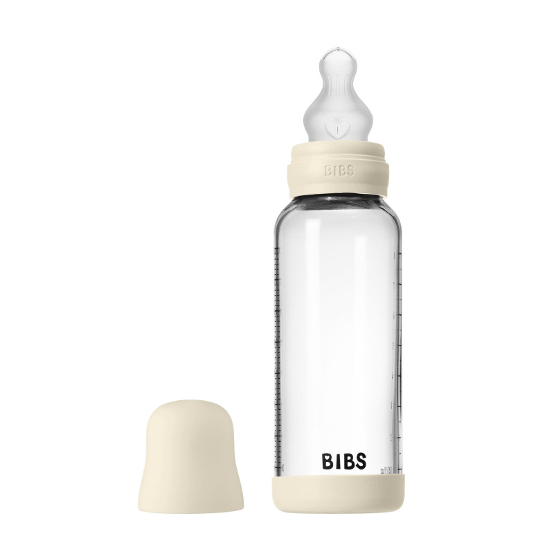 BIBS Antikoliková sklenená fľaša so silikónovým cumlíkom 240ml, Ivory