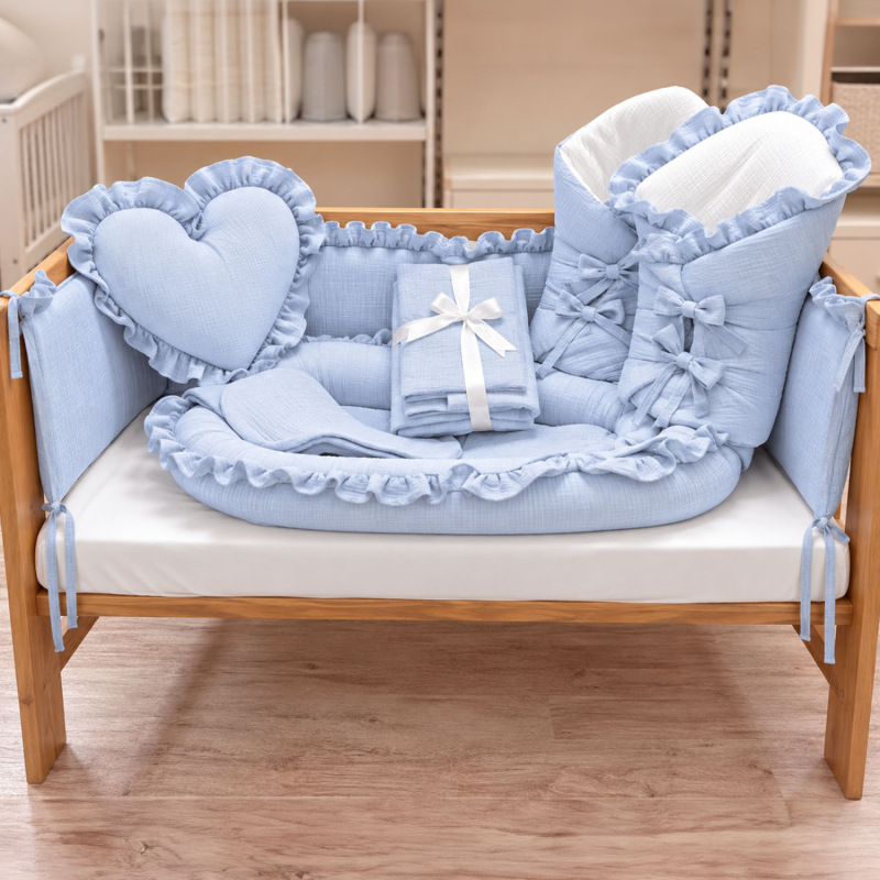 Set do postieľky bez volánu, mušelín BABY BLUE