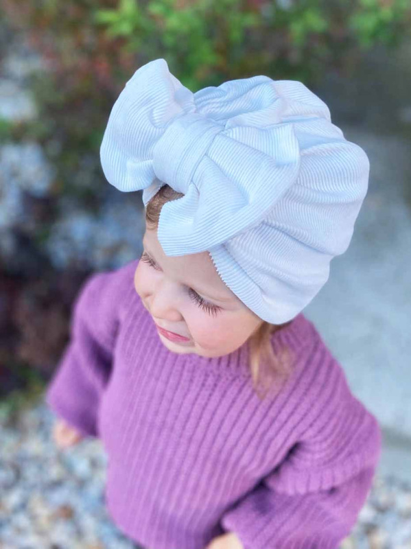 Detská čiapka / Turban s Mašľou, rebrovaná bavlna SMOTANOVÁ. 8