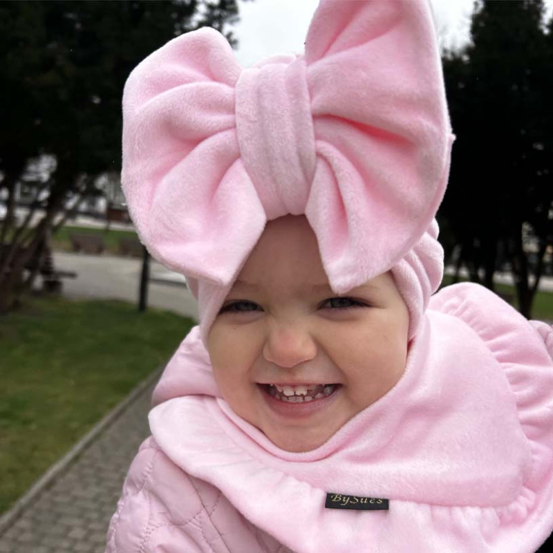 Detská čiapka / Turban s Mašľou, VELVET BABY PINK 3