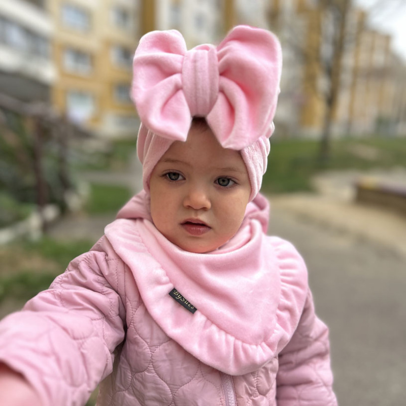 Detská čiapka / Turban s Mašľou, VELVET BABY PINK 2