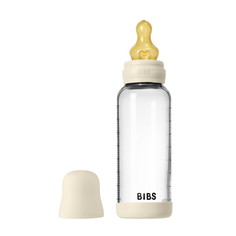 BIBS Antikoliková sklenená fľaša s kaučukovým cumlíkom 240ml, Ivory