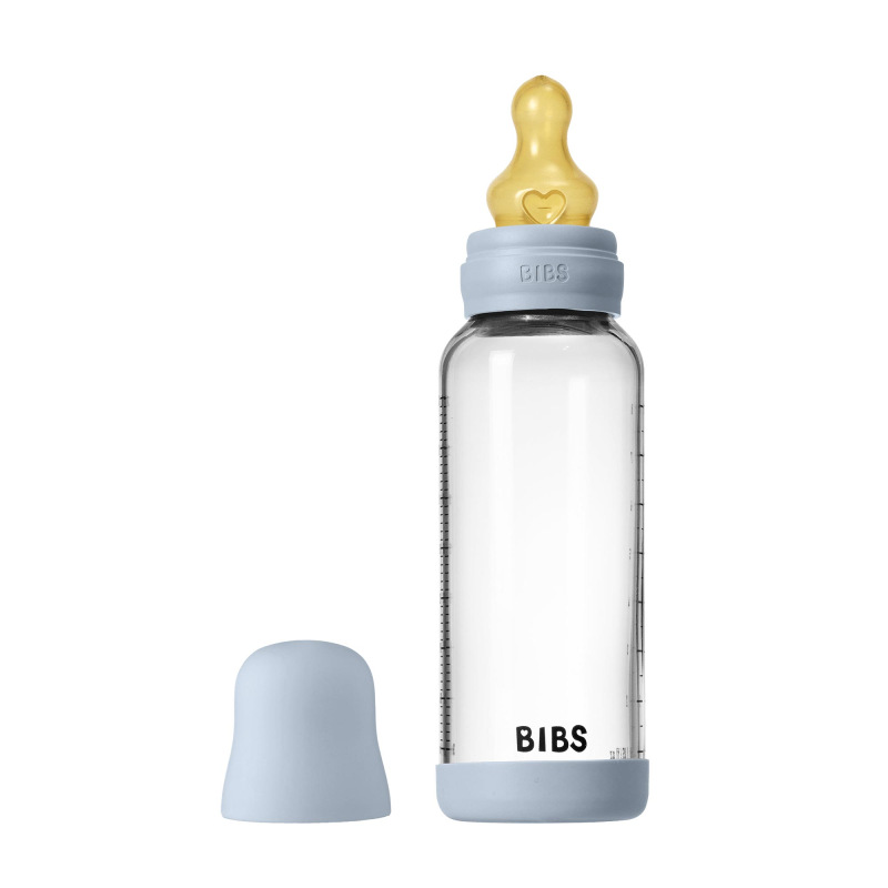 BIBS Antikoliková sklenená fľaša s kaučukovým cumlíkom 240ml, Baby Blue
