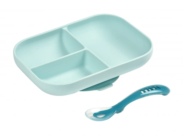 Tanier silikónový delený s prísavkou + lyžička Blue 2