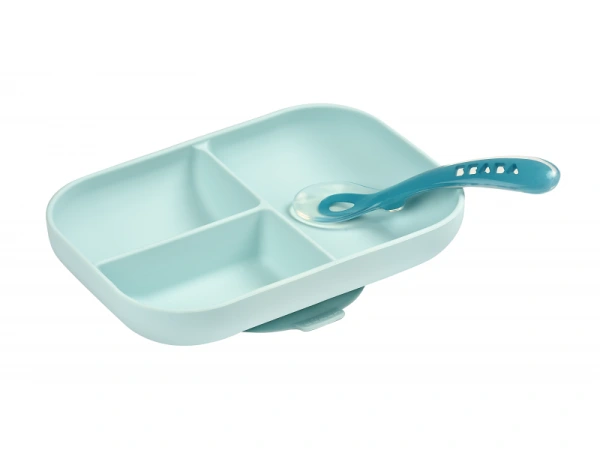Tanier silikónový delený s prísavkou + lyžička Blue 1