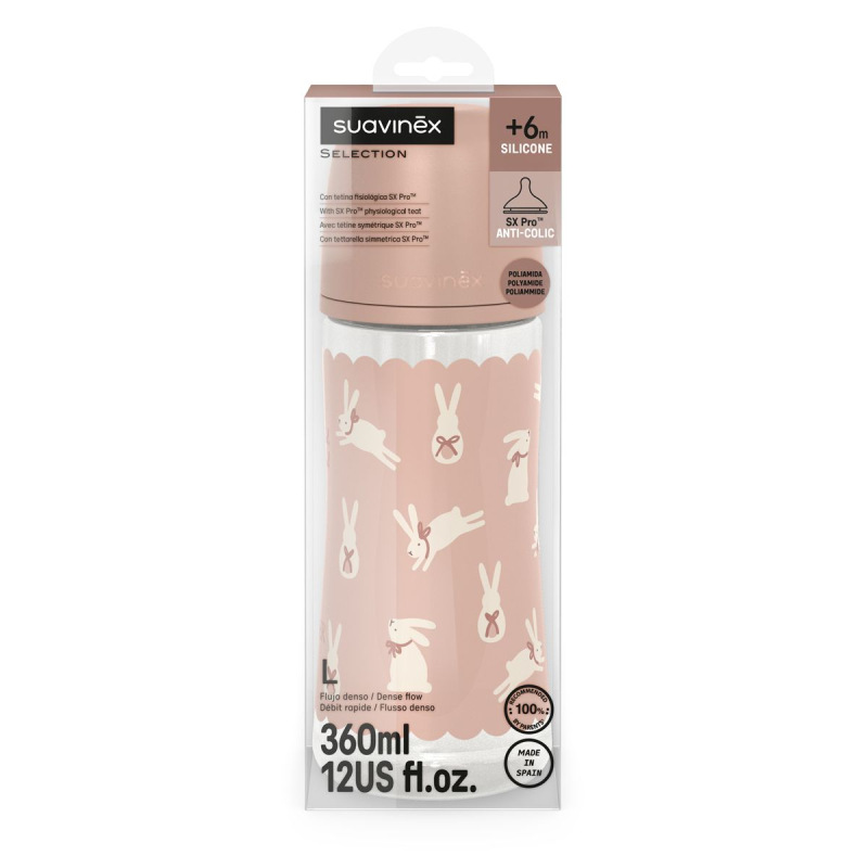 SUAVINEX | Dojčenská fľaša WONDERLAND NEW 360ml FYZIOL PRŮTOK L - ružový králik 4