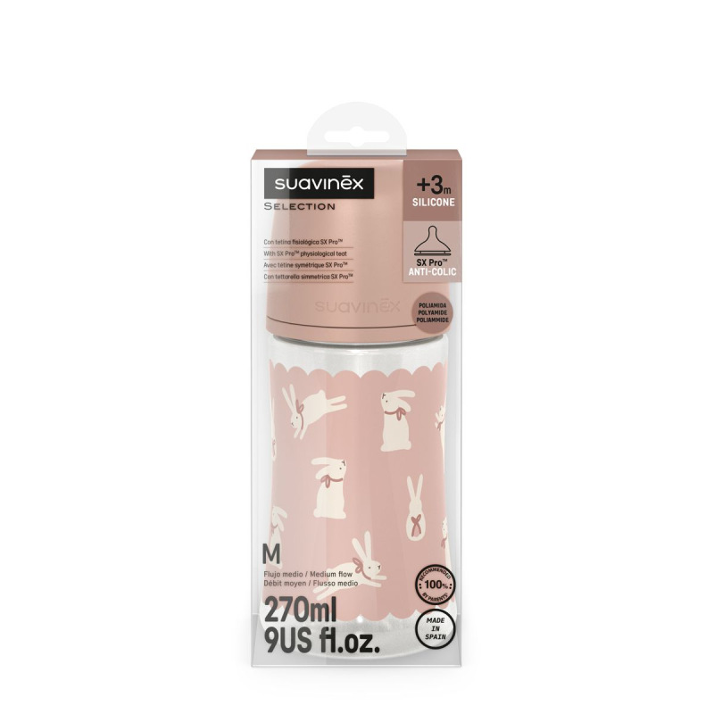 SUAVINEX | Dojčenská fľaša WONDERLAND NEW 270ml FYZIOL PRŮTOK M - ružový králik 4
