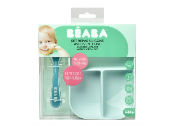 Tanier silikónový delený s prísavkou + lyžička Blue 7