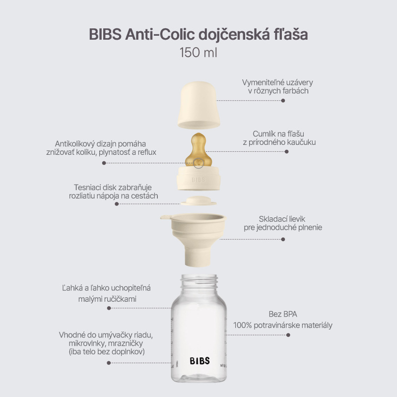 BIBS Antikoliková fľaša s kaučukovým cumlíkom 150ml, Ivory 2