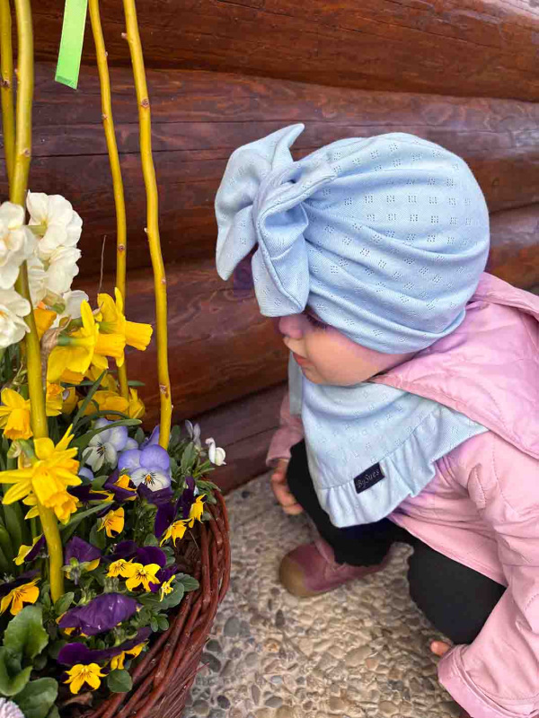 Detská čiapka / Turban s Mašľou, POINTELLE SKY BLUE 2