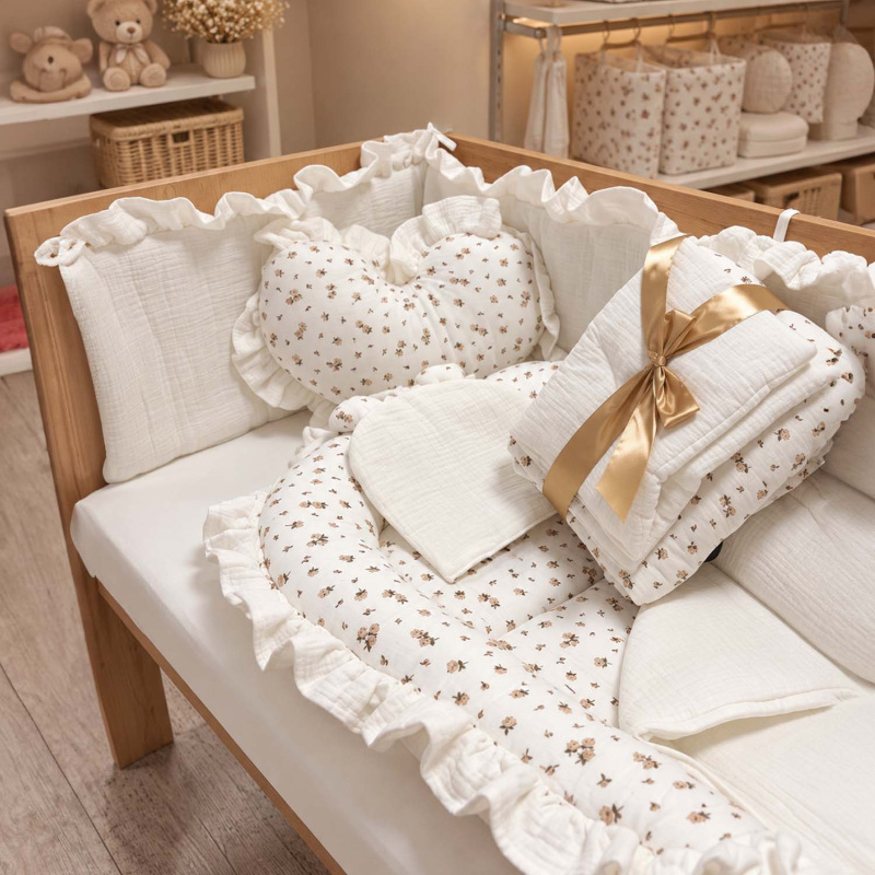 Set do postieľky s volánom, mušelín BEIGE RUŽIČKY 4