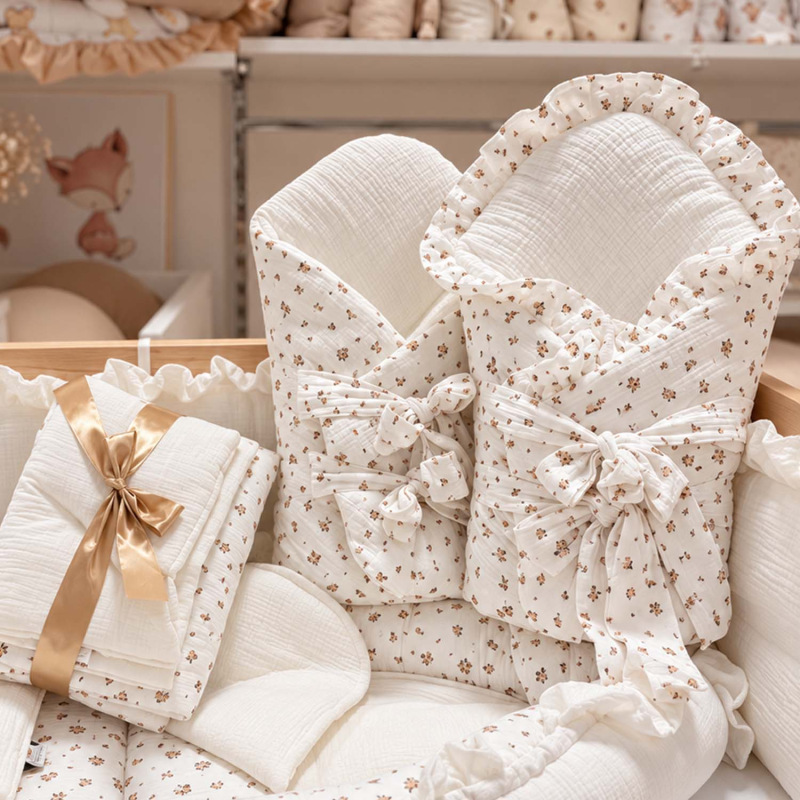 Set do postieľky s volánom, mušelín BEIGE RUŽIČKY 6