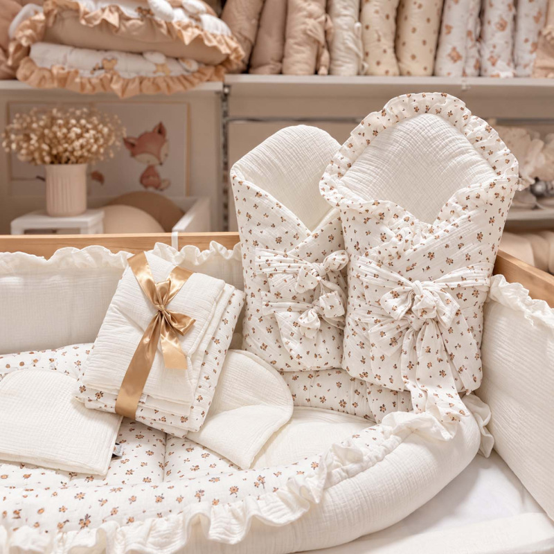 Set do postieľky s volánom, mušelín BEIGE RUŽIČKY 5