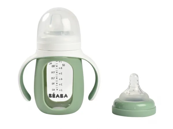 Dojčenská fľaša sklenená 2v1 210ml so silikónovou ochranou Sage Green