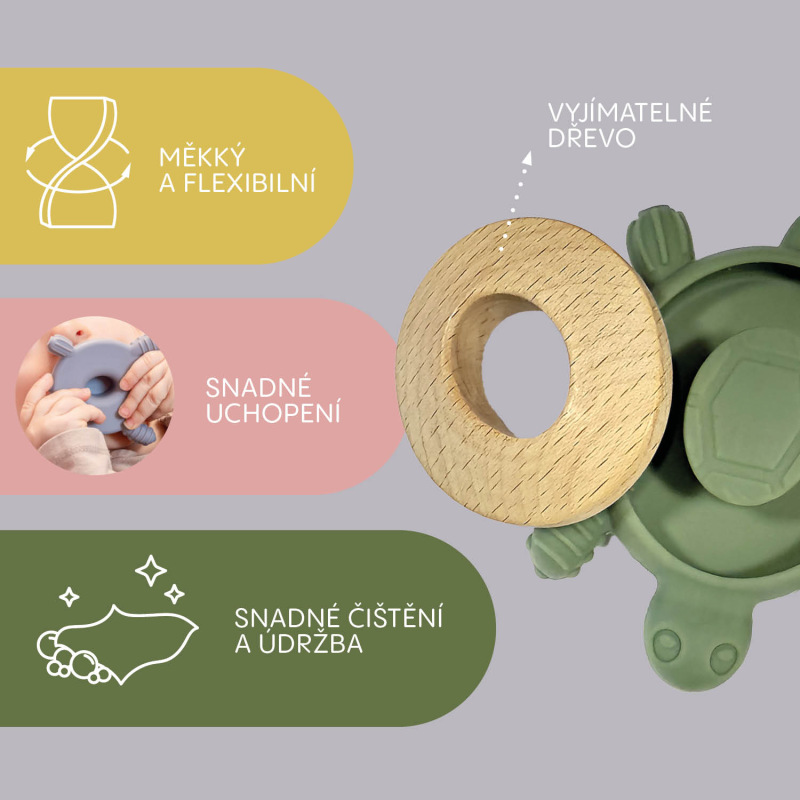 Silikónové drevené hryzátko Turtle, Dove Grey 2