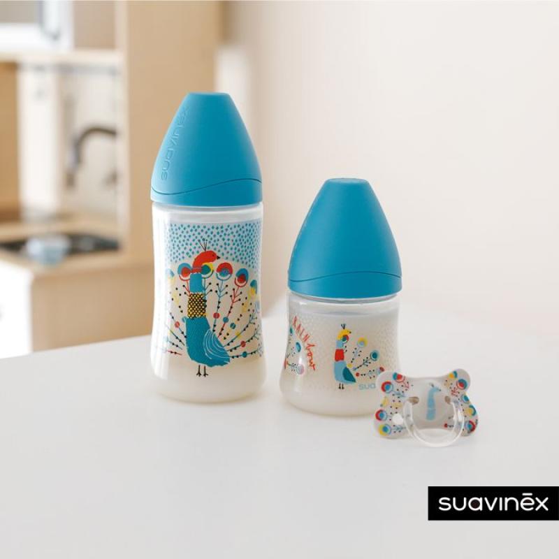 SUAVINEX | FĽAŠA Guľatý c. SILIKÓN 150 ml - MODRÝ PÁV