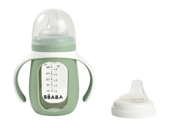 Dojčenská fľaša sklenená 2v1 210ml so silikónovou ochranou Sage Green