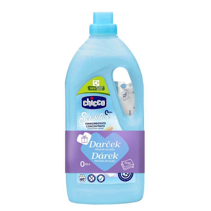 CHICCO Aviváž koncentrovaná Sladký Pudr 1,5 l, 60 praní + vlhčené ubrousky 72 ks zdarma