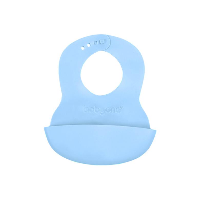 BABYONO Podbradník mäkký plastový s vreckom bez BPA blue 6m+