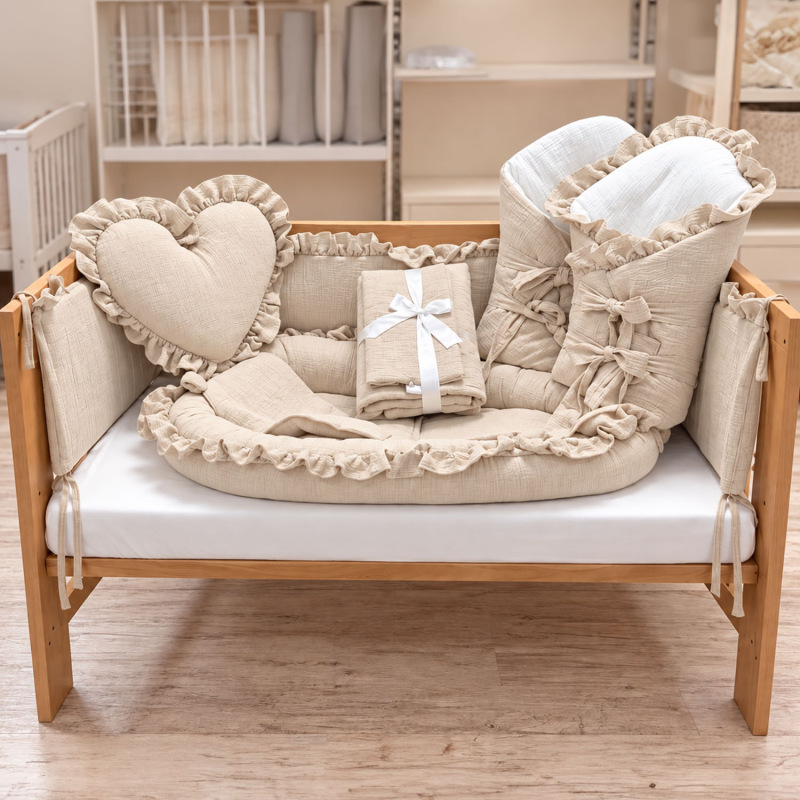 Set do postieľky s volánom, mušelín SAND BEIGE