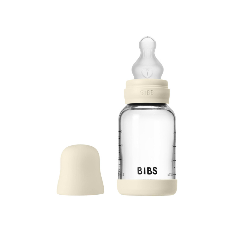 BIBS Antikoliková sklenená fľaša so silikónovým cumlíkom 120ml, Ivory