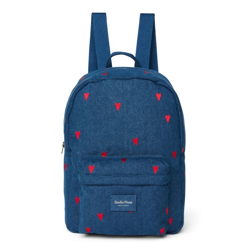 STUDIO NOOS - Denim Midi BACKPACK - batôžtek s predným vreckom | Dark Blue Red Hearts